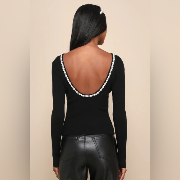 BNWT Lulus Pearly Perfection Black Ribbed Pearl Scoop Back Long Sleeve Top - Picture 3 of 6